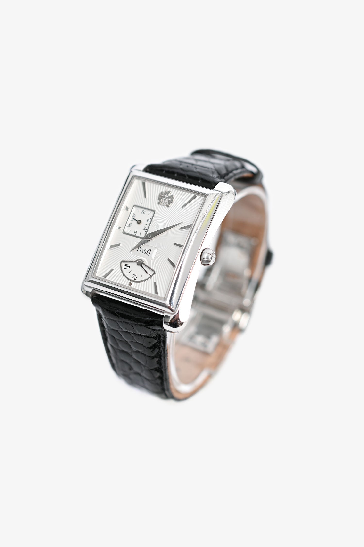 Piaget White Gold Black Leather Strap Guilloche Dial 'Emperador' Automatic Watch