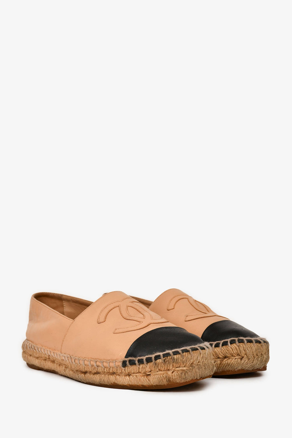 Pre-Loved Chanel™ Beige/ Black Leather CC Espadrilles Size 36