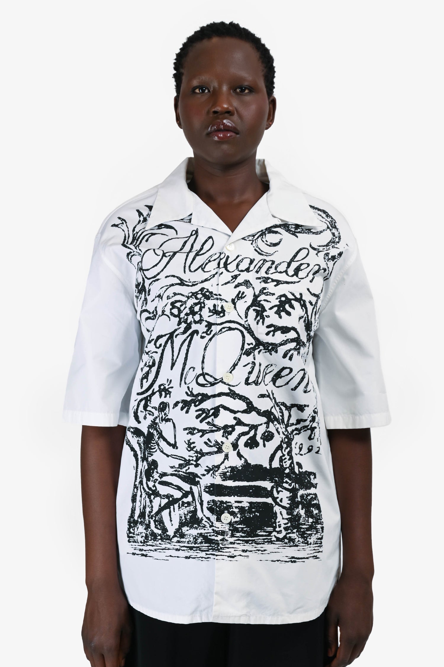 Alexander McQueen White/Black Pattern Logo Button-Up Shirt Size 50 Mens