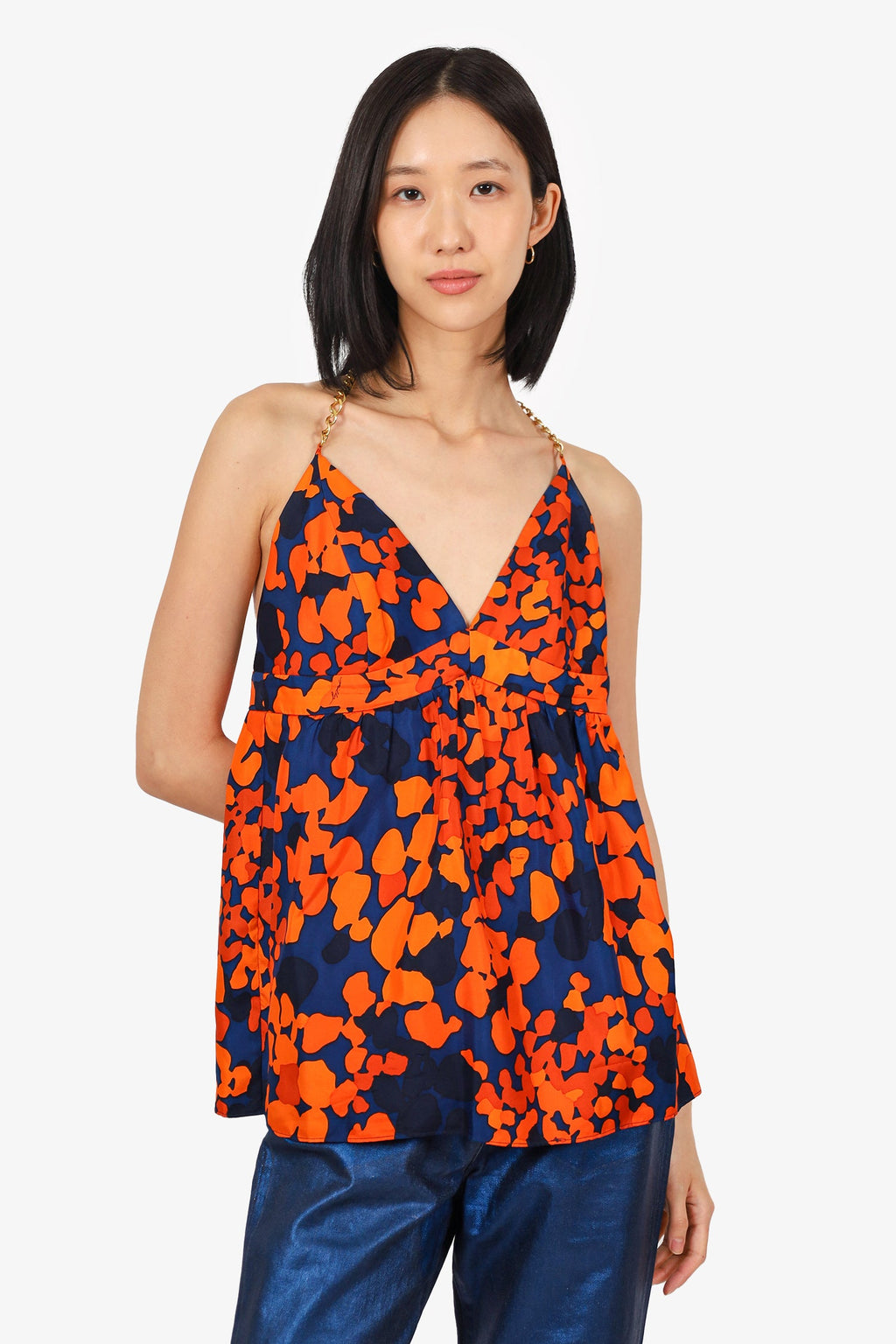 Milly Orange/Navy Blue Silk Chain Detail Halter Neck Top Size 12