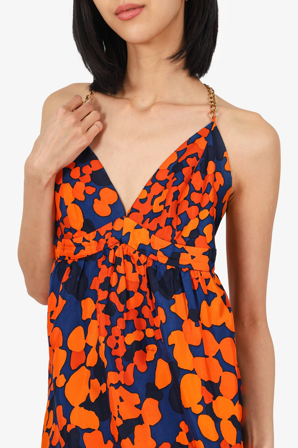 Milly Orange/Navy Blue Silk Chain Detail Halter Neck Top Size 12