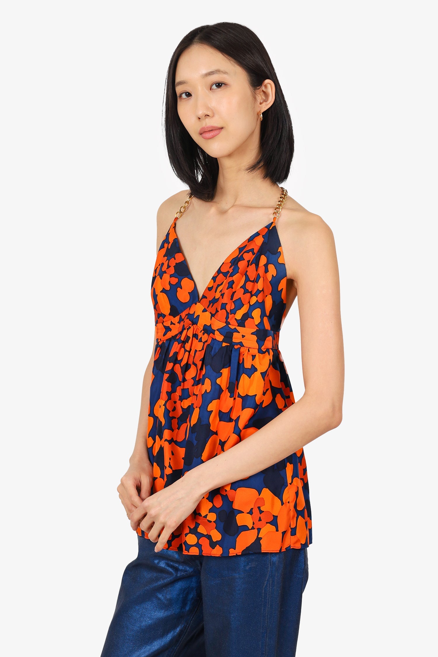 Milly Orange/Navy Blue Silk Chain Detail Halter Neck Top Size 12