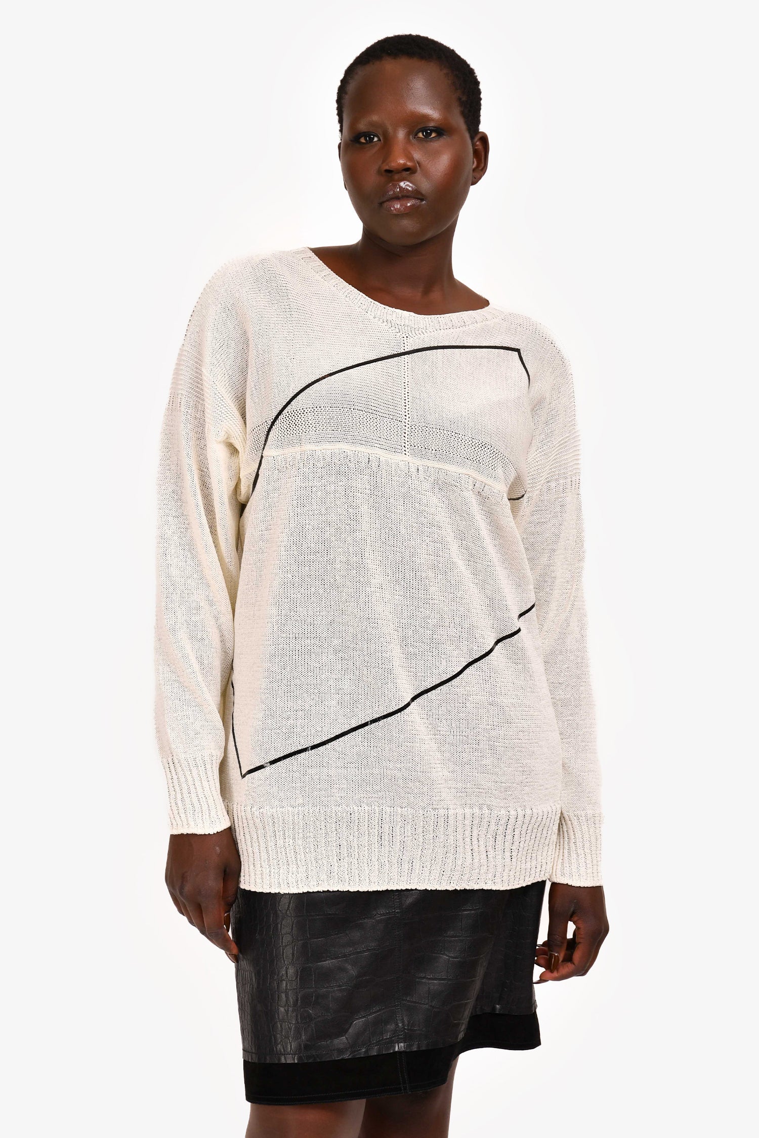 Pre Loved Chanel™ White Cotton Black Striped Sweater Size 50