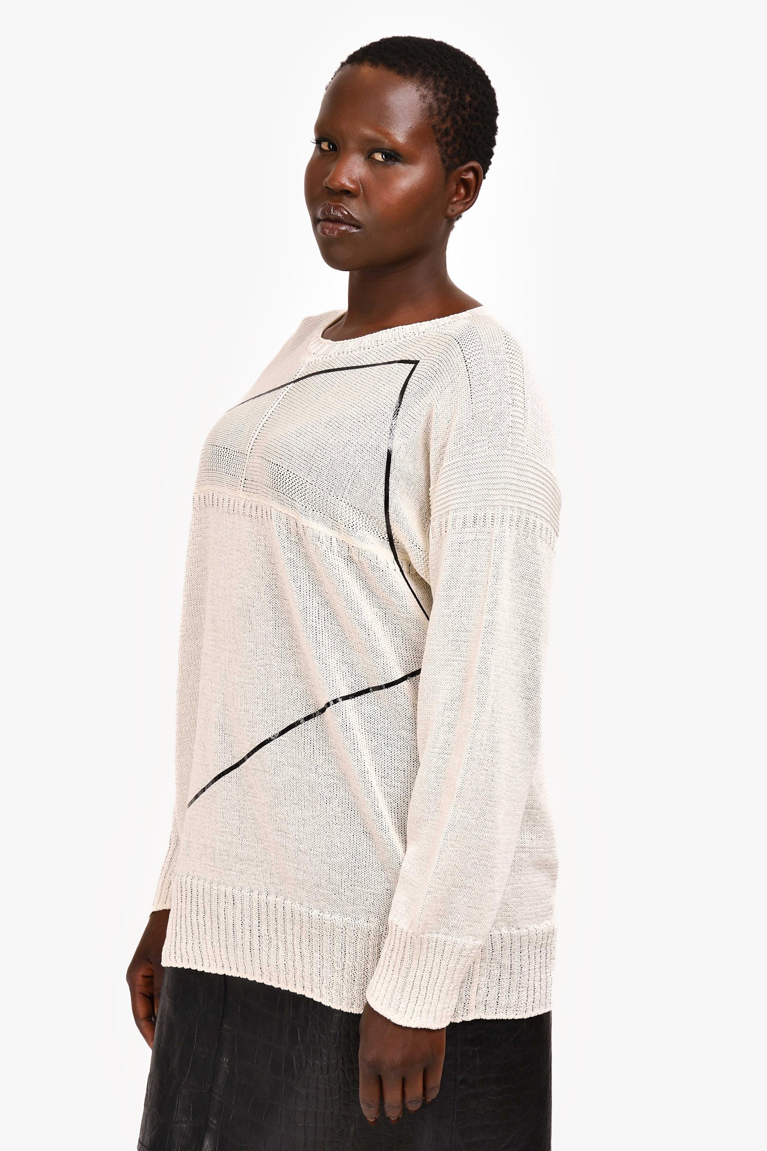 Pre Loved Chanel™ White Cotton Black Striped Sweater Size 50