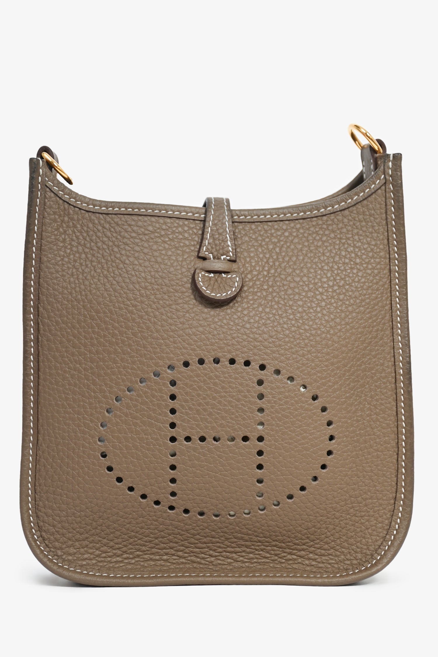 Hermès 2023 Etoupe Clemence Leather Evelyne 16 TPM Crossbody with Navy Blue Strap