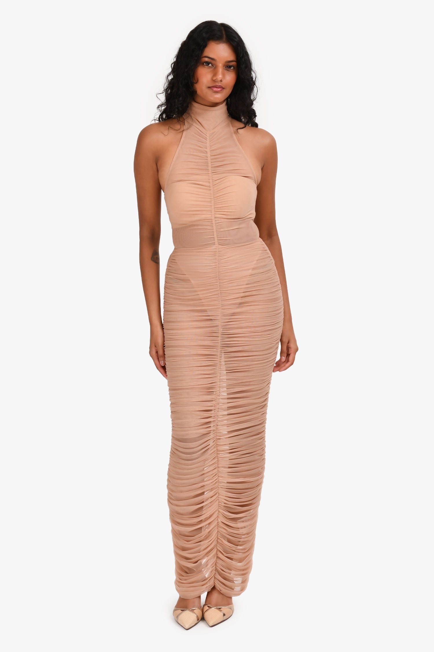Alex Perry Blush Tulle Highneck Ruched Bodycon Maxi Dress Size 6 UK