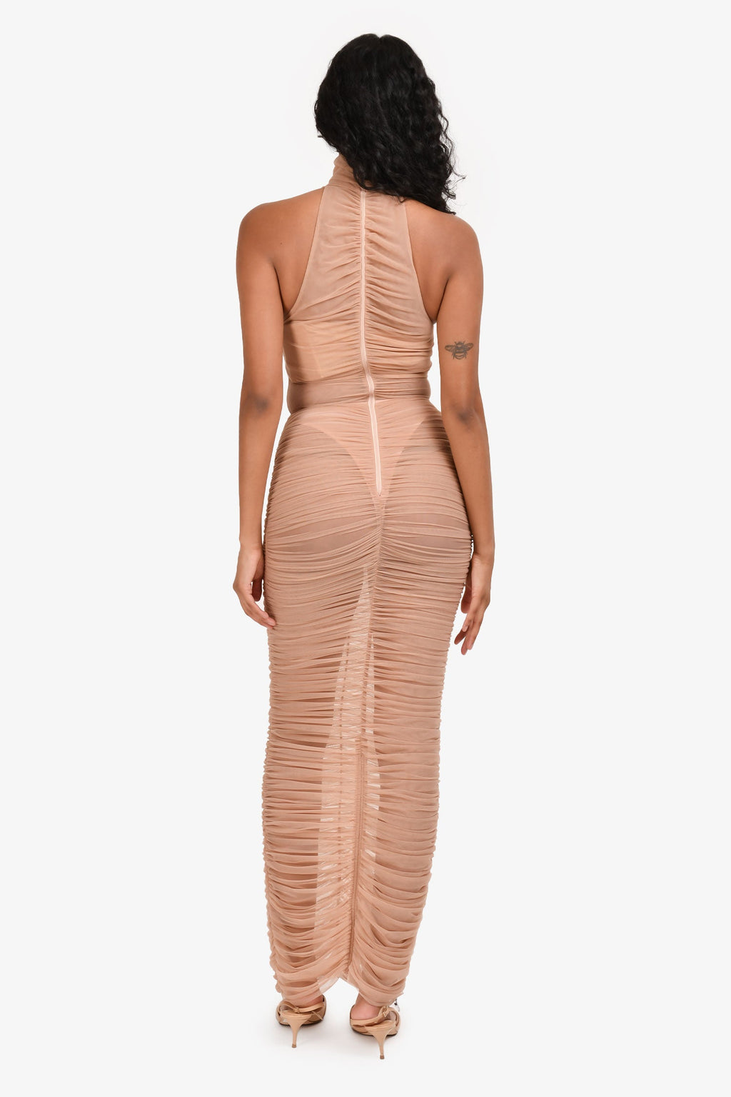 Alex Perry Blush Tulle Highneck Ruched Bodycon Maxi Dress Size 6 UK