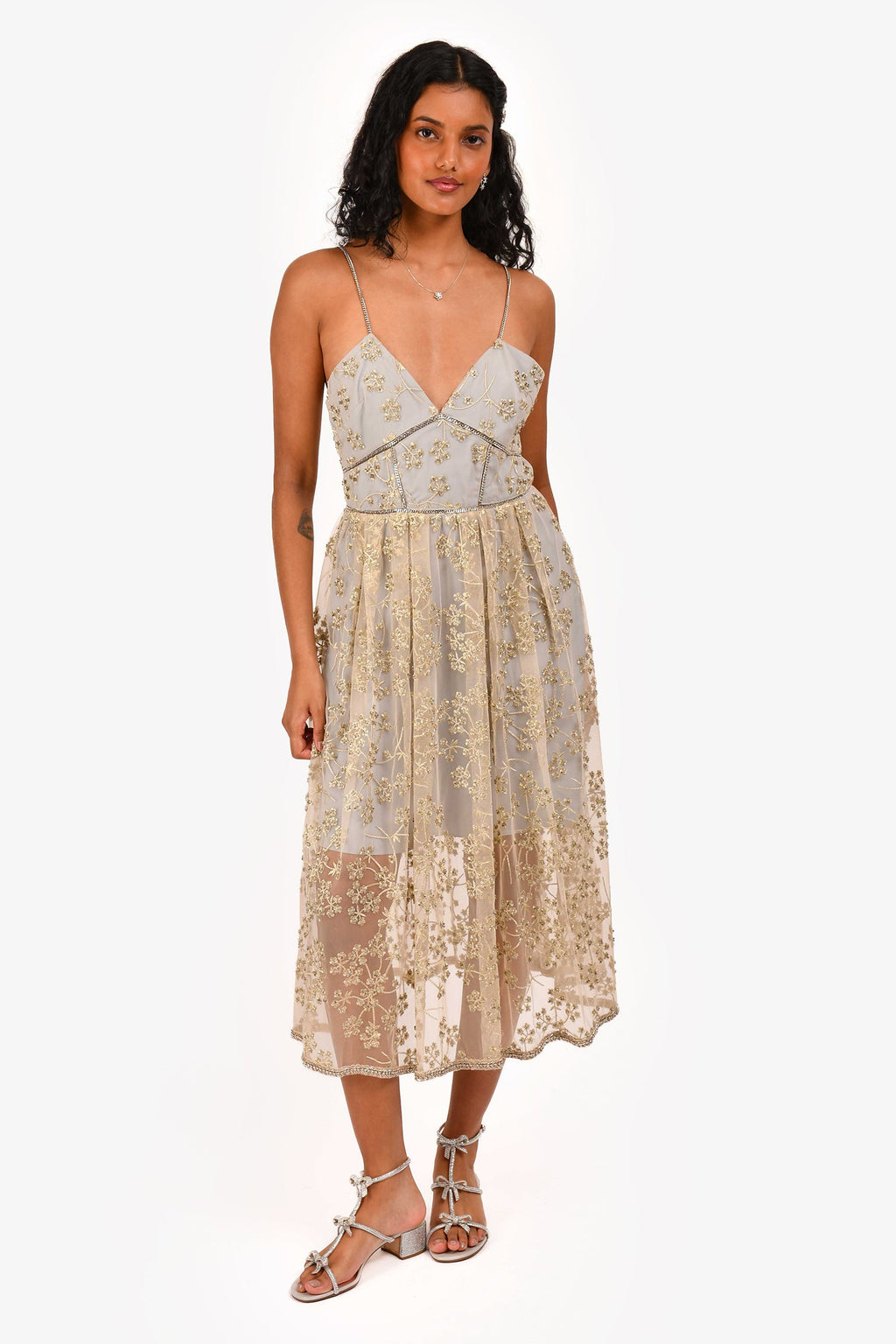 Self-Portrait Grey Floral Embroidered Chain Detailed Sleeveless Dress Size 4 US