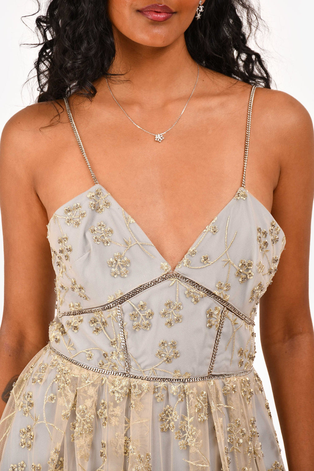 Self-Portrait Grey Floral Embroidered Chain Detailed Sleeveless Dress Size 4 US