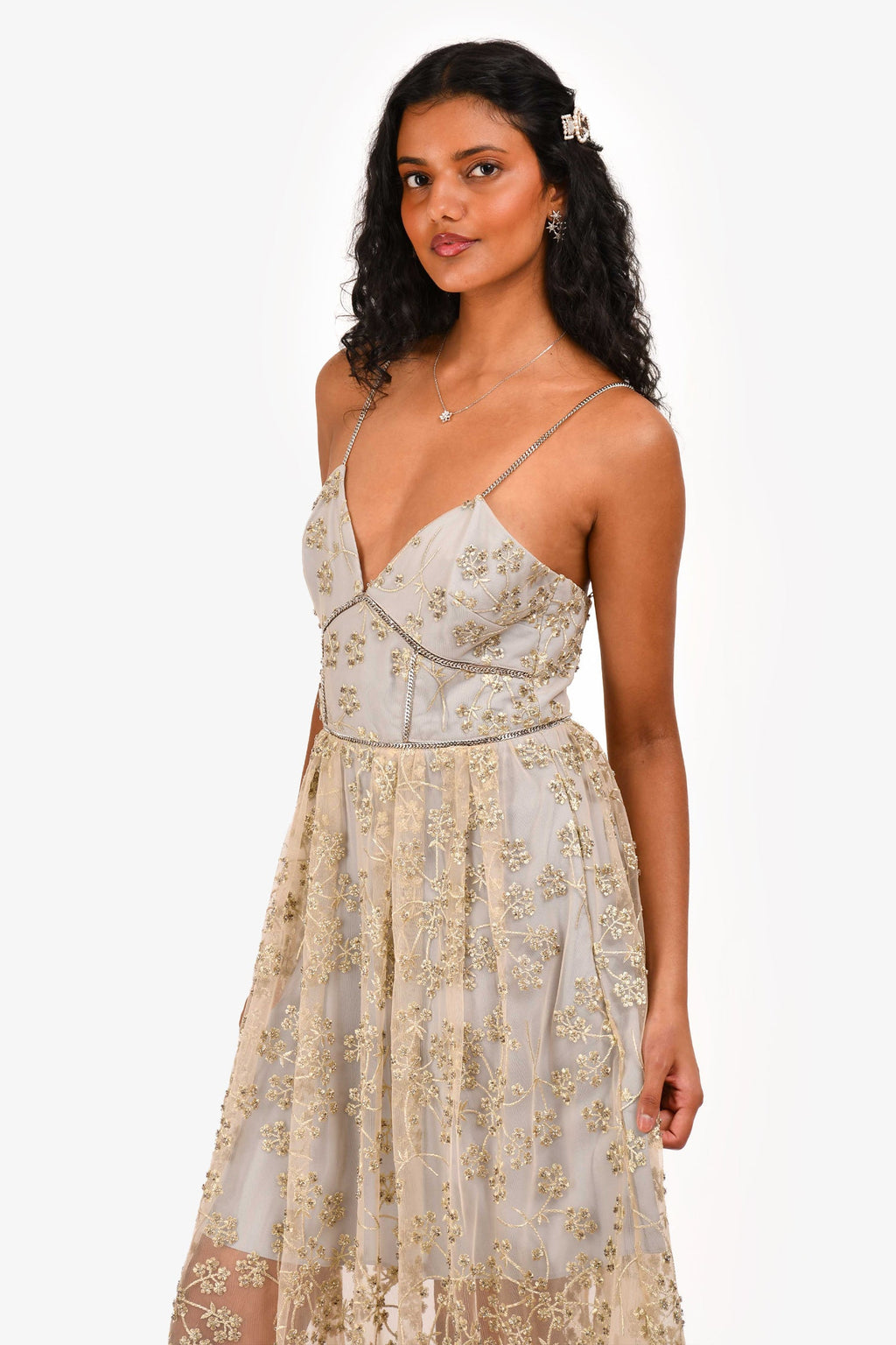 Self-Portrait Grey Floral Embroidered Chain Detailed Sleeveless Dress Size 4 US