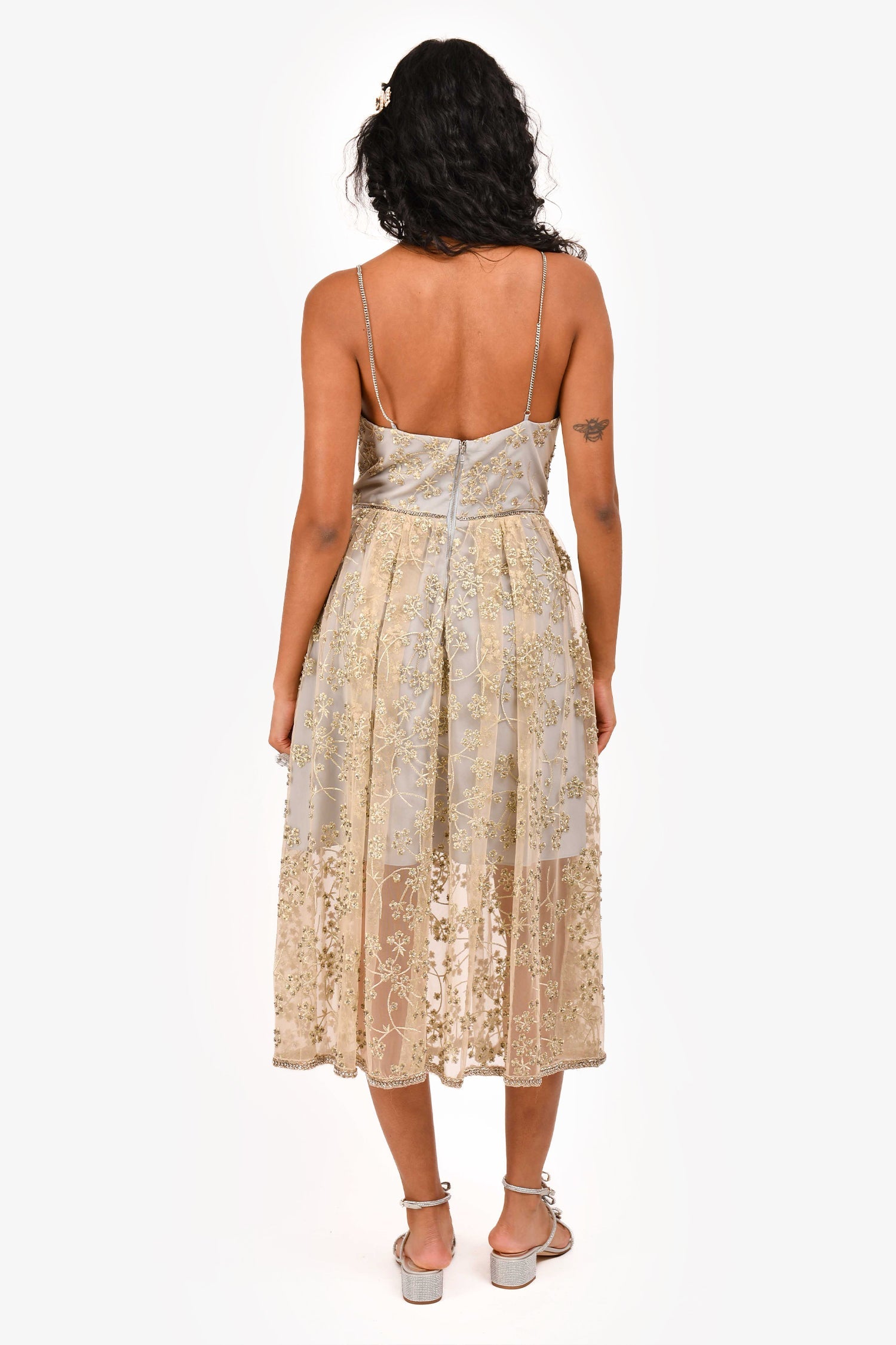 Self-Portrait Grey Floral Embroidered Chain Detailed Sleeveless Dress Size 4 US