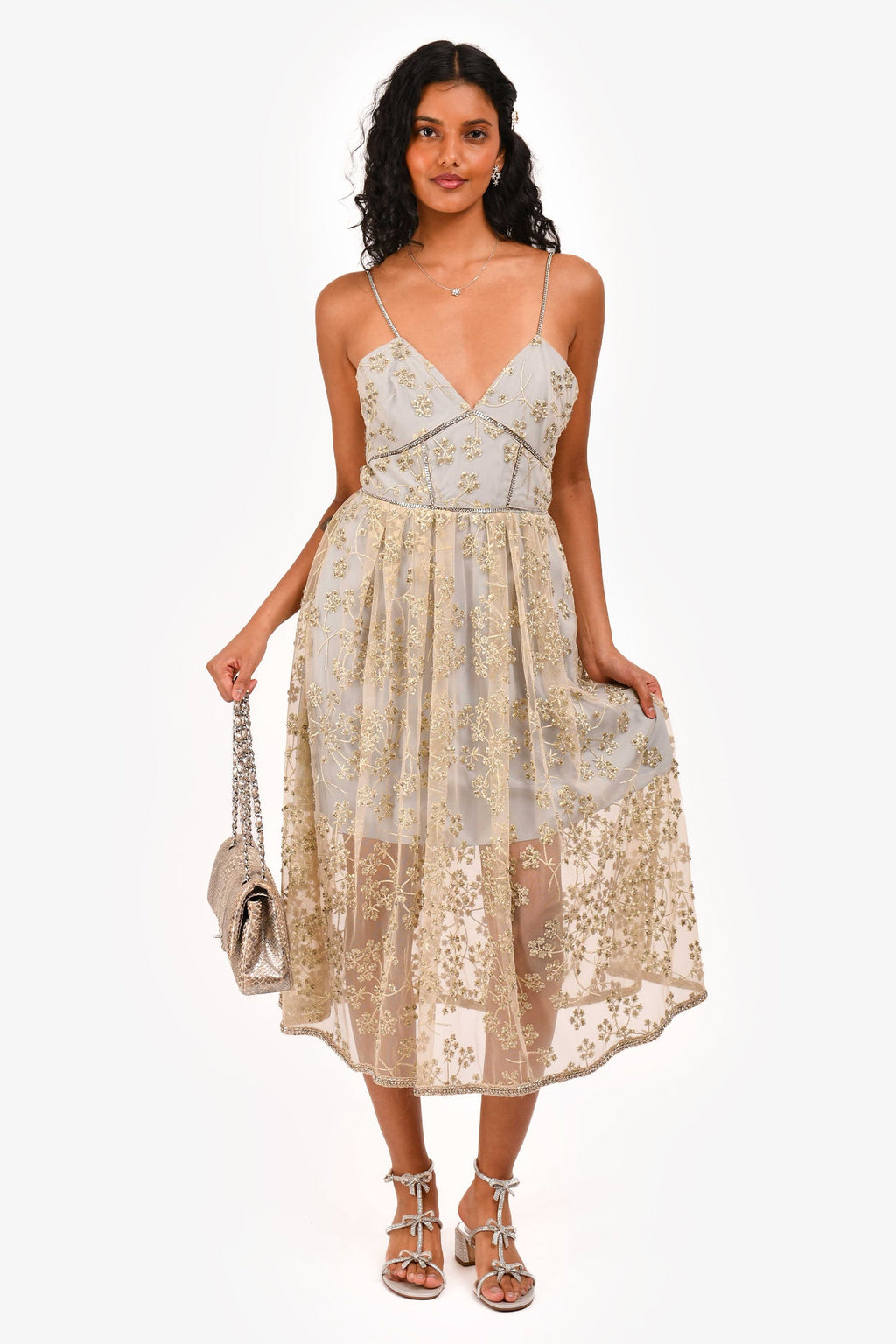 Self-Portrait Grey Floral Embroidered Chain Detailed Sleeveless Dress Size 4 US