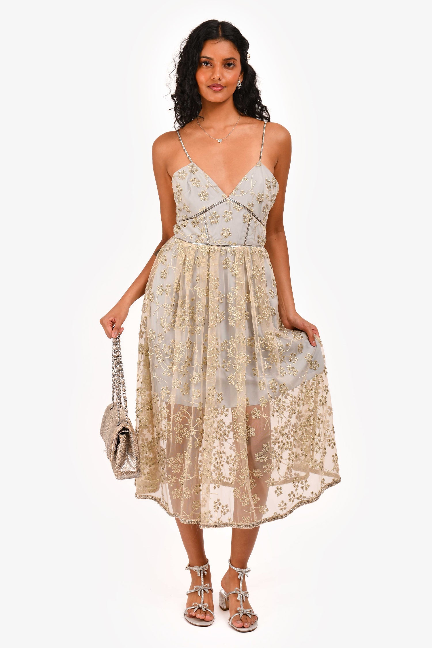 Self-Portrait Grey Floral Embroidered Chain Detailed Sleeveless Dress Size 4 US