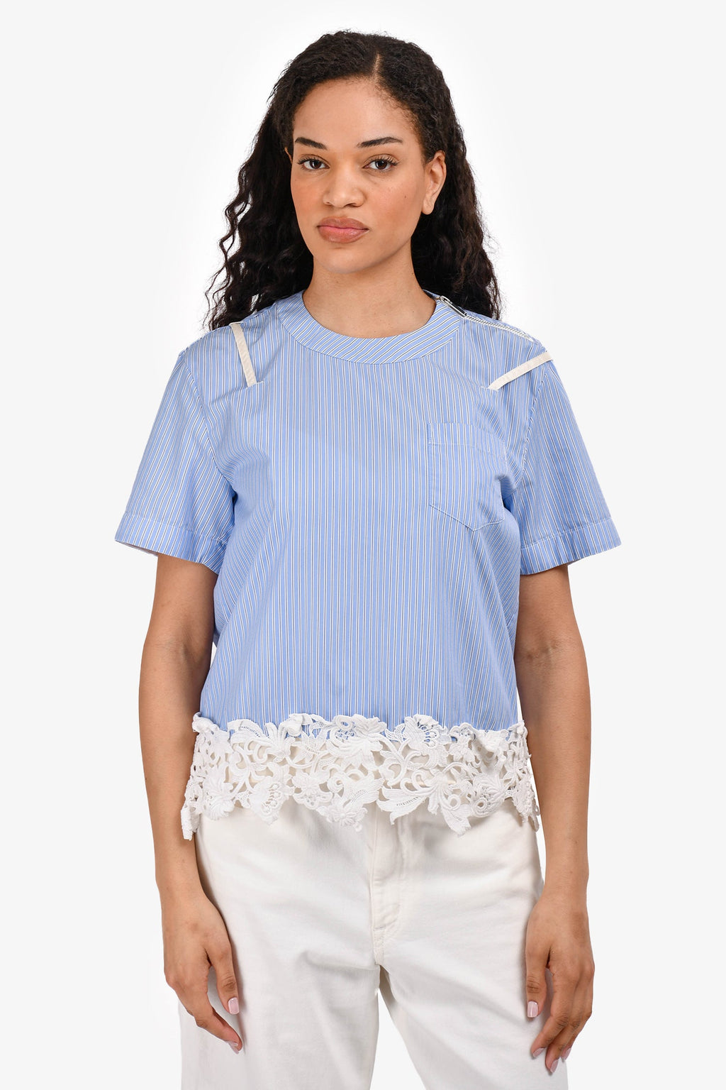 Sacai Blue Striped Cotton Lace Hem Short Sleeve Blouse Size 1