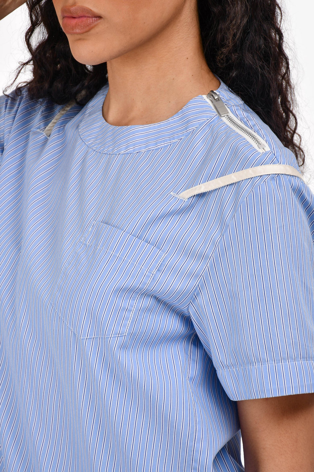 Sacai Blue Striped Cotton Lace Hem Short Sleeve Blouse Size 1