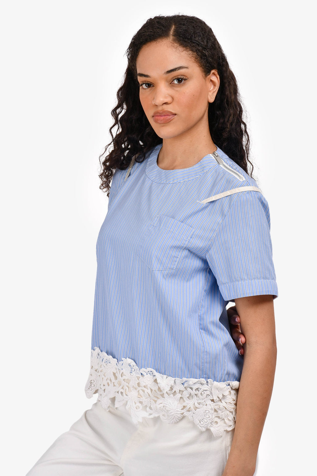 Sacai Blue Striped Cotton Lace Hem Short Sleeve Blouse Size 1
