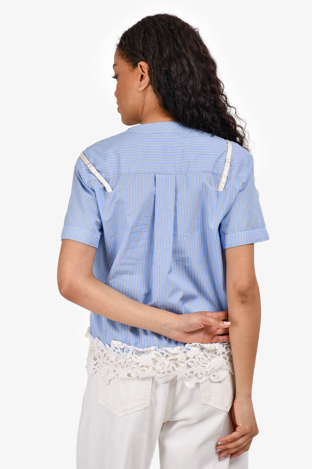 Sacai Blue Striped Cotton Lace Hem Short Sleeve Blouse Size 1