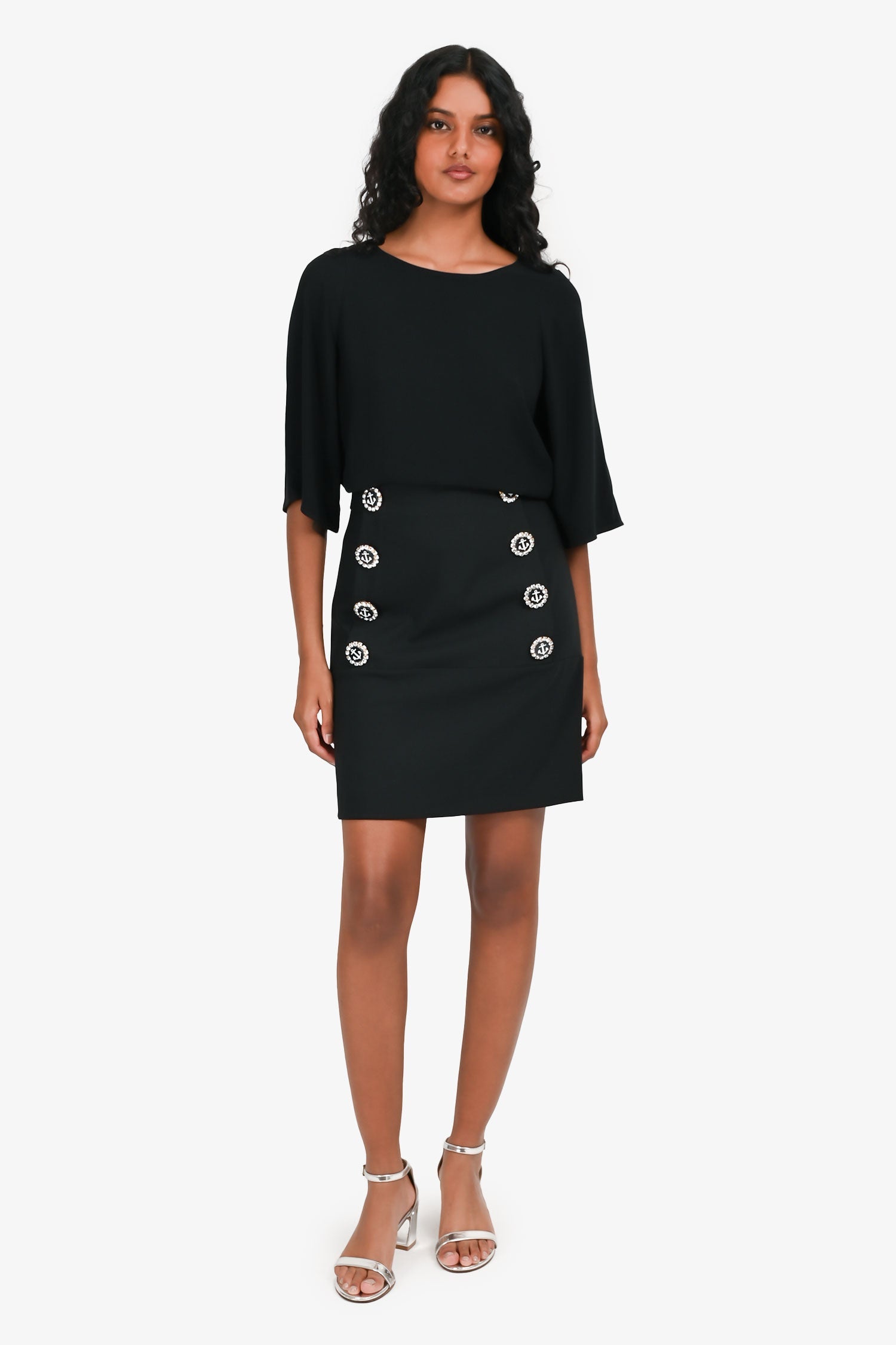 Dolce & Gabbana Black Virgin Wool High Waisted Skirt With Crystal Anchor Buttons Size 38