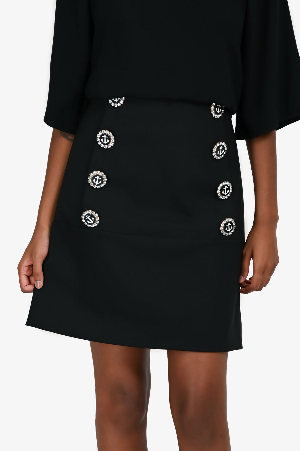 Dolce & Gabbana Black Virgin Wool High Waisted Skirt With Crystal Anchor Buttons Size 38