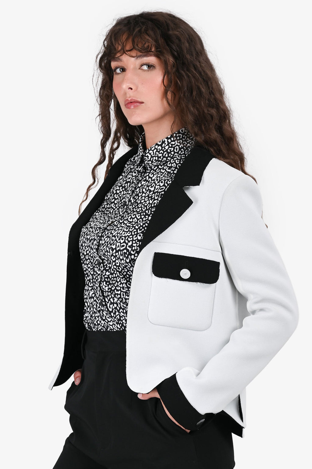 Pre-Loved Chanel™ SS14 White/Black Laser Cut Belted Blazer Size 38