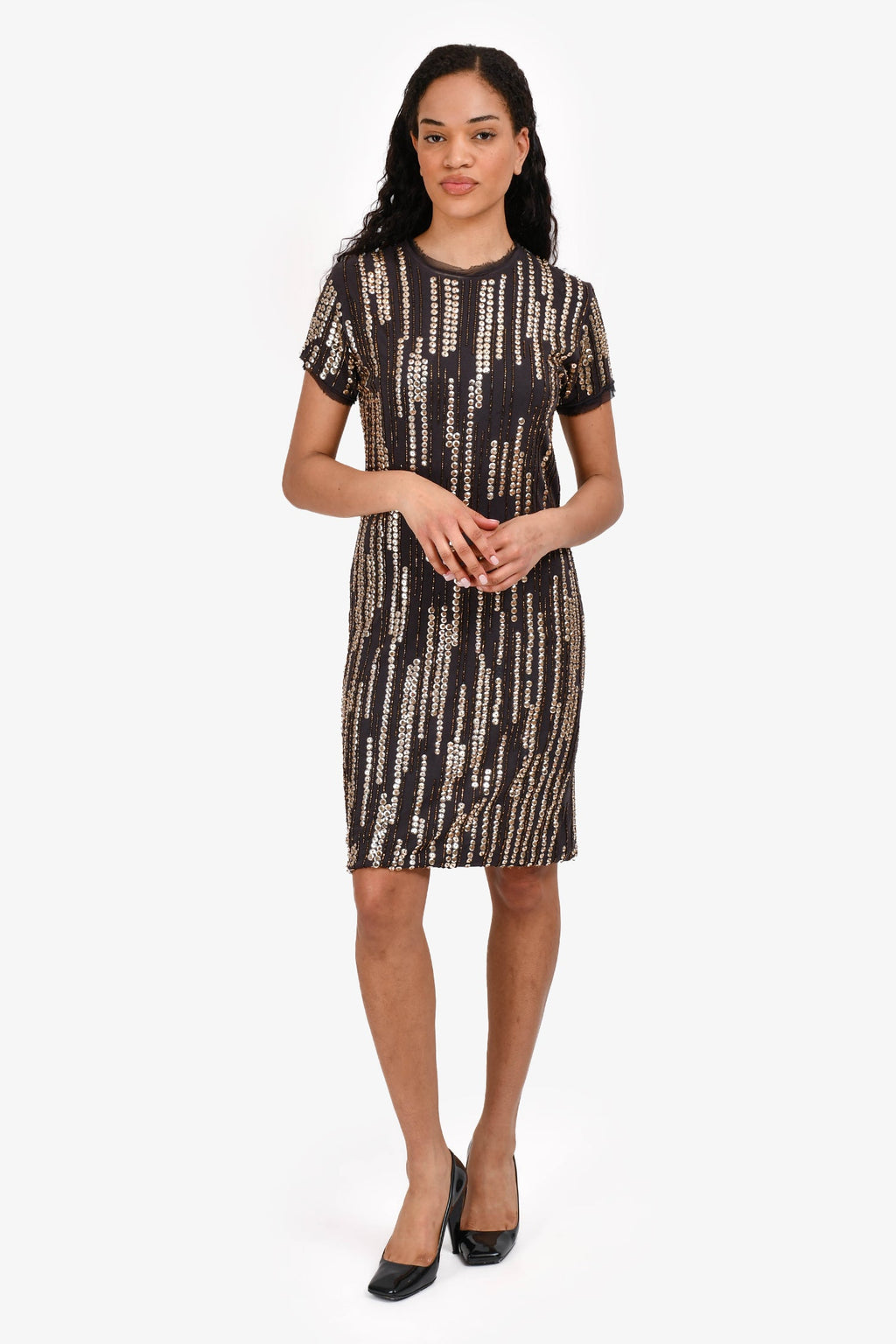 Lanvin Black Silk Sequinned Short Sleeve Midi Dress