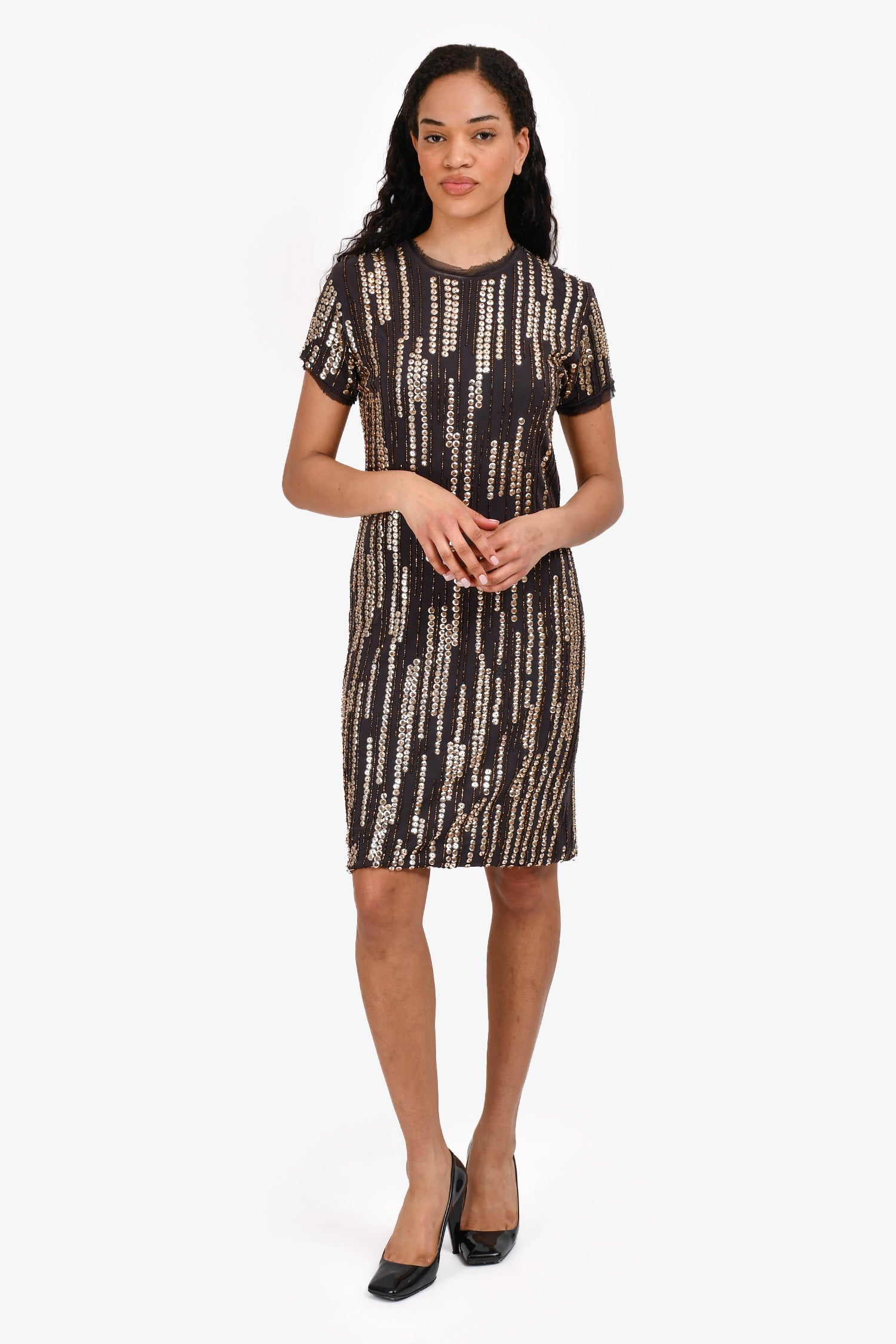 Lanvin Black Silk Sequinned Short Sleeve Midi Dress