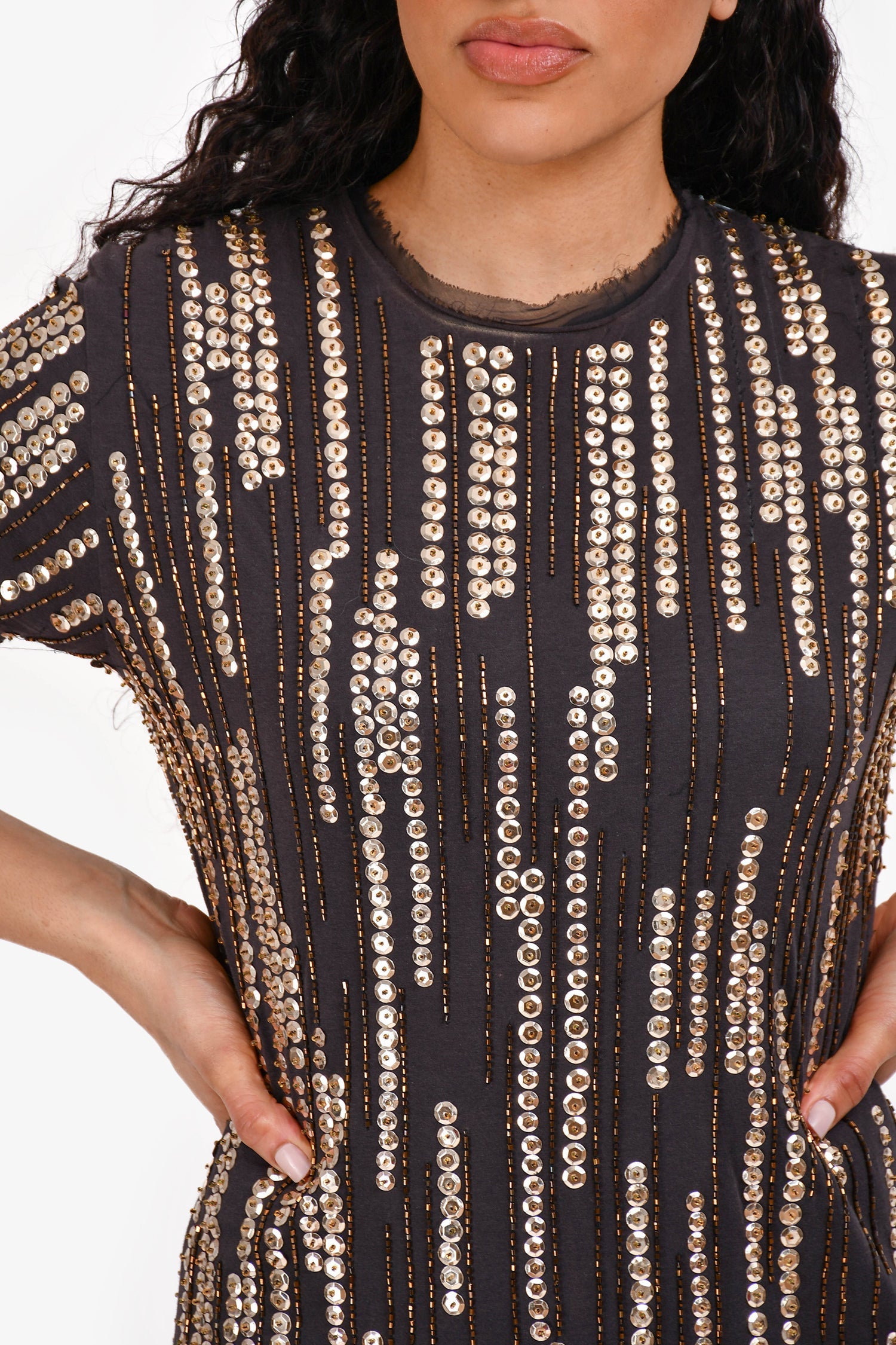 Lanvin Black Silk Sequinned Short Sleeve Midi Dress