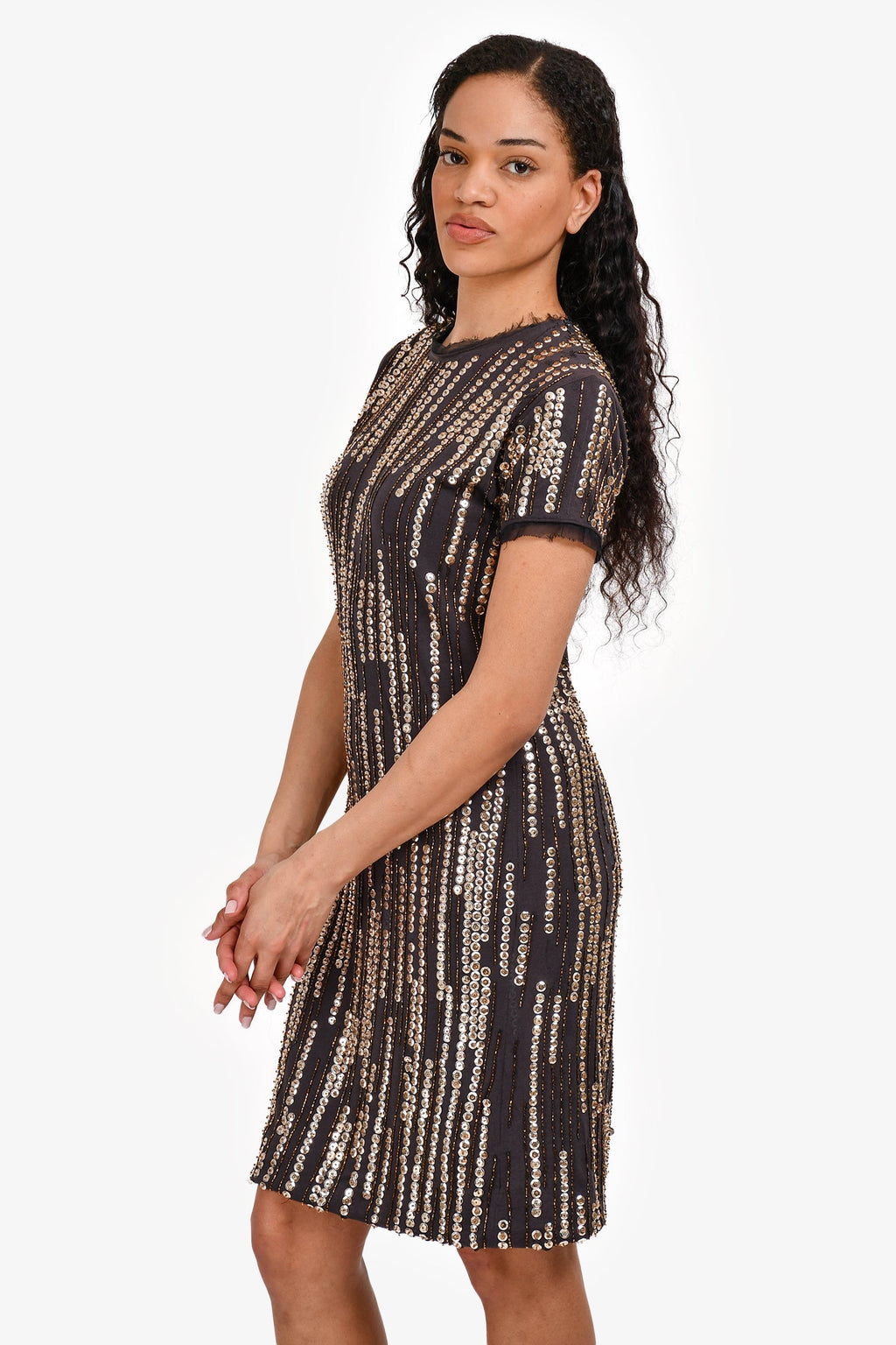Lanvin Black Silk Sequinned Short Sleeve Midi Dress