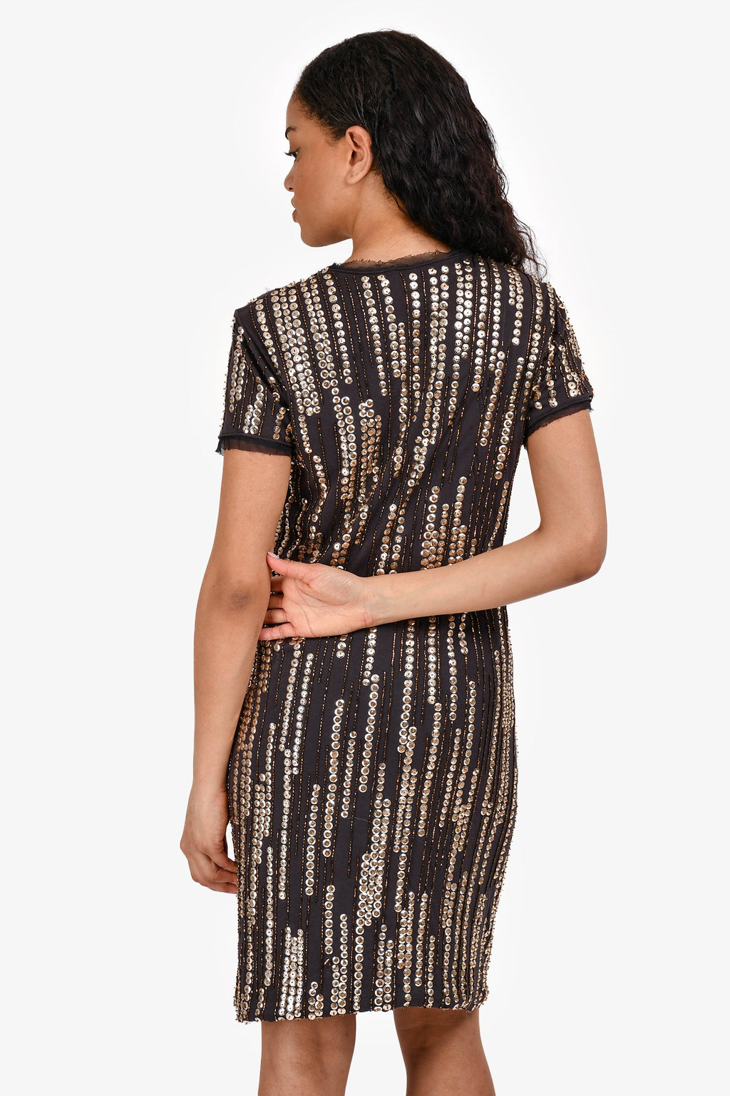 Lanvin Black Silk Sequinned Short Sleeve Midi Dress