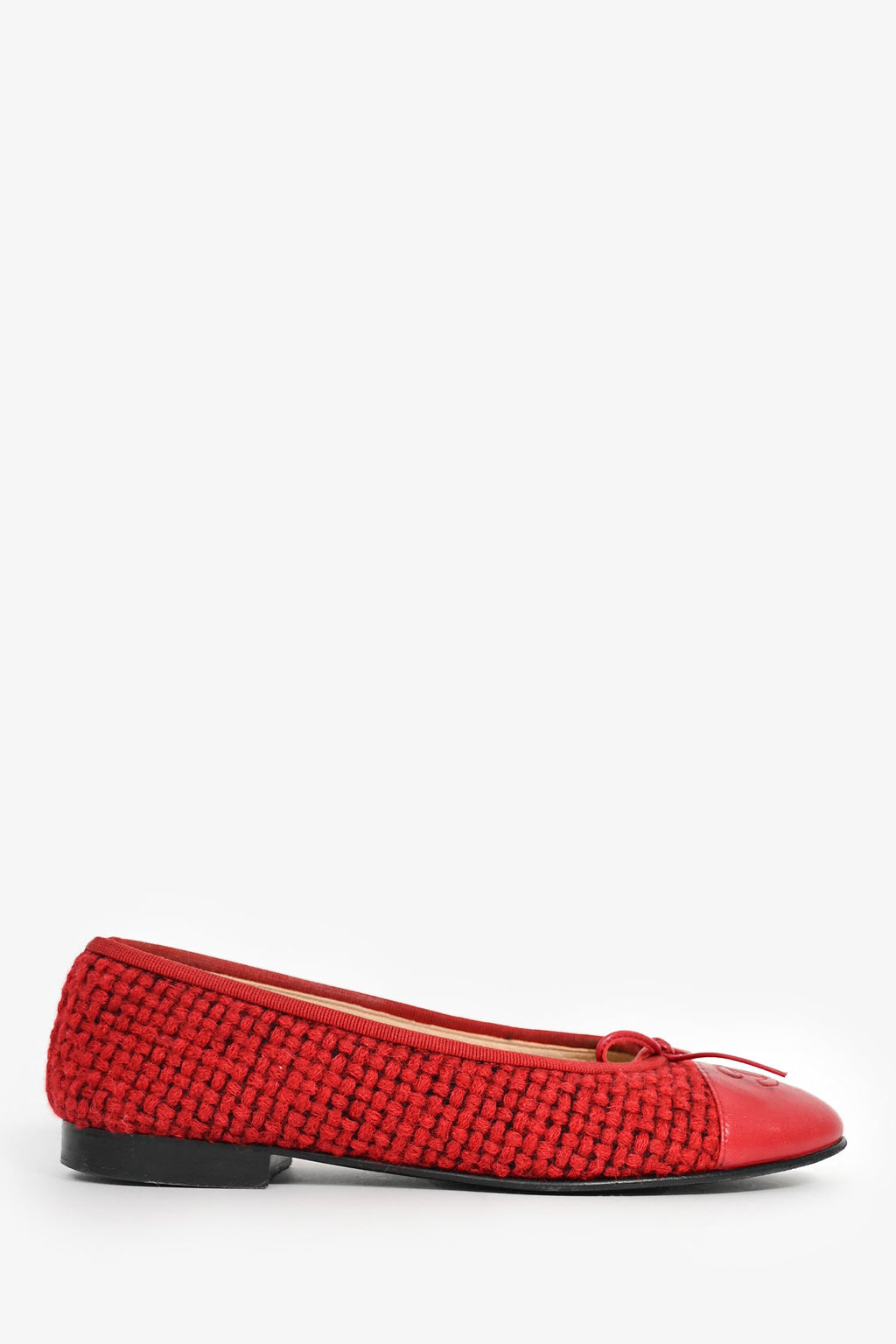 Pre-Loved Chanel™ Red Tweed Cap Toe Ballet Flats Size 36.5