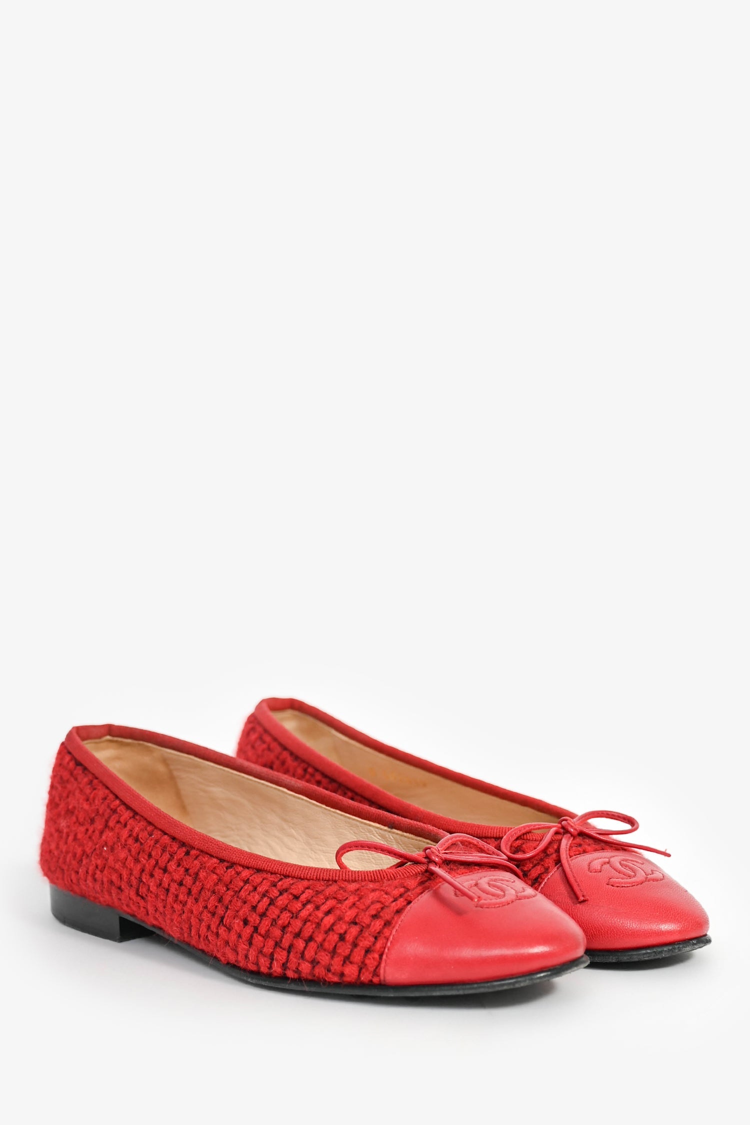 Pre-Loved Chanel™ Red Tweed Cap Toe Ballet Flats Size 36.5