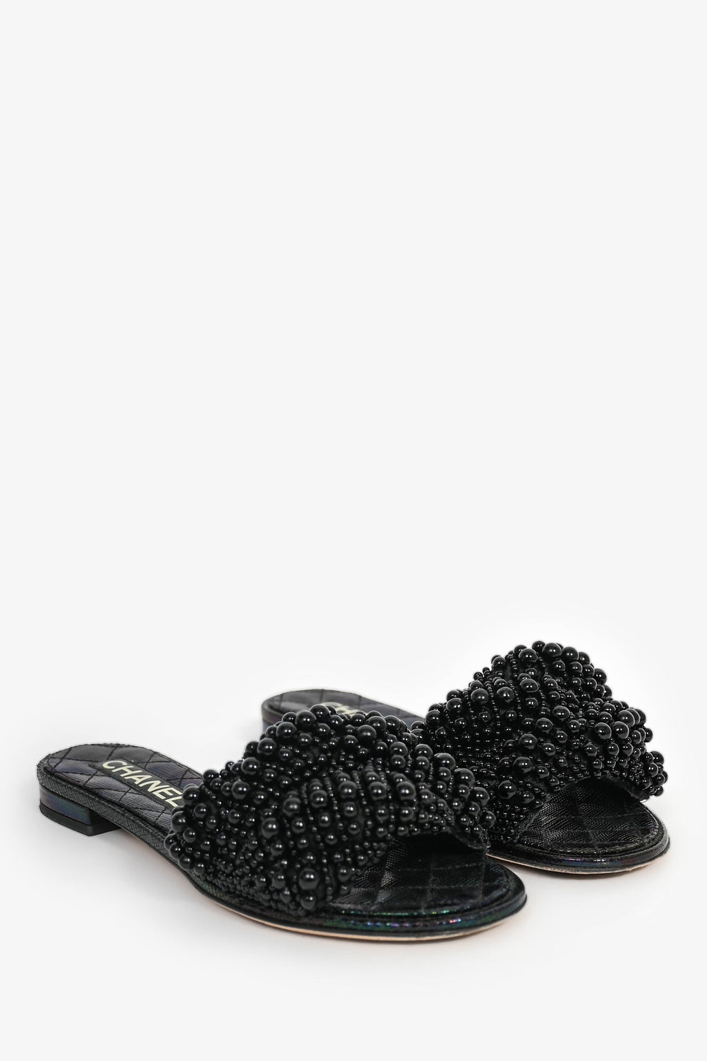 Pre-Loved Chanel™ Black Iridescent Beaded Slides Size 36