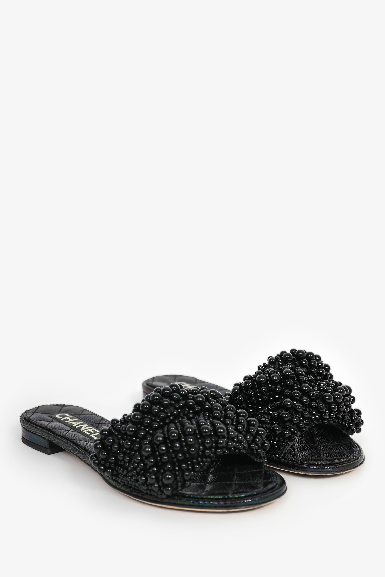 Pre-Loved Chanel™ Black Iridescent Beaded Slides Size 36