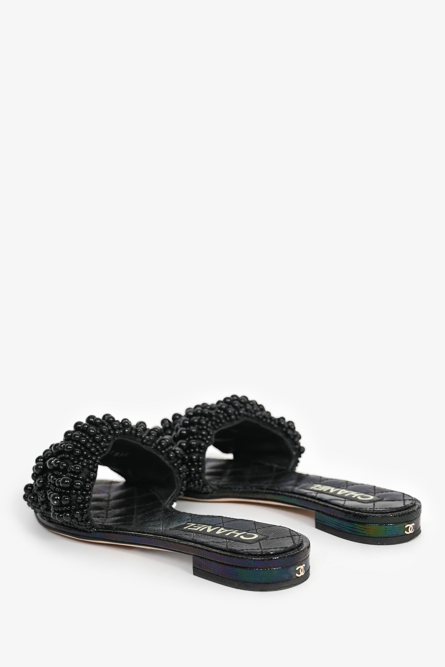 Pre-Loved Chanel™ Black Iridescent Beaded Slides Size 36