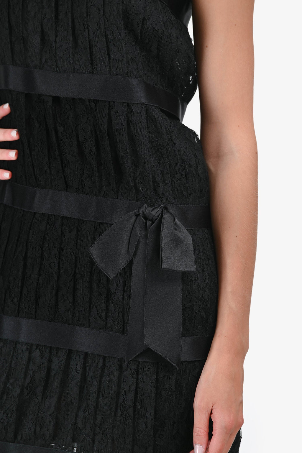 Pre-Loved Chanel™ Black Wool Lace Pleated Ribbon Detail Dress Size 38