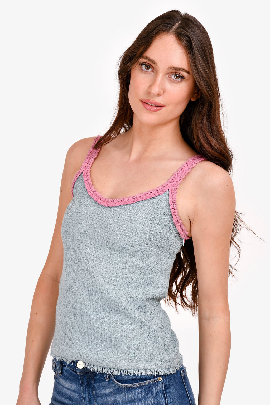 Pre-Loved Chanel™ Blue/Pink Tweed Sleeveless Top Size 36