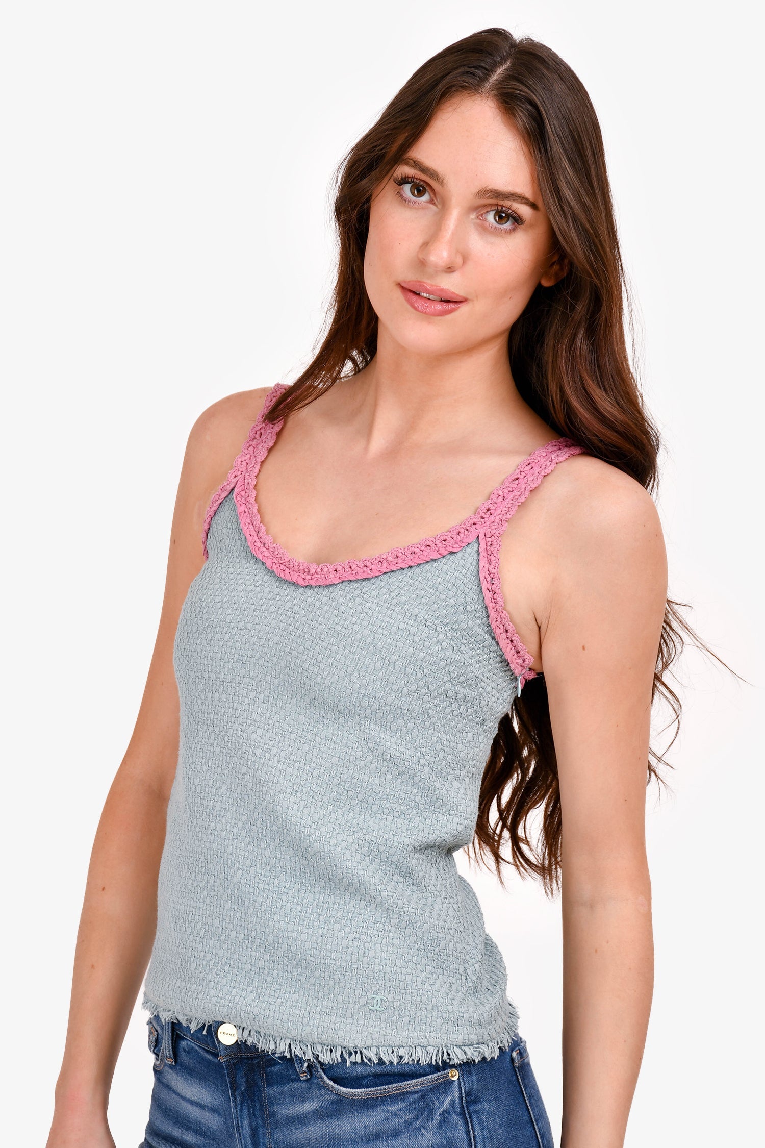 Pre-Loved Chanel™ Blue/Pink Tweed Sleeveless Top Size 36
