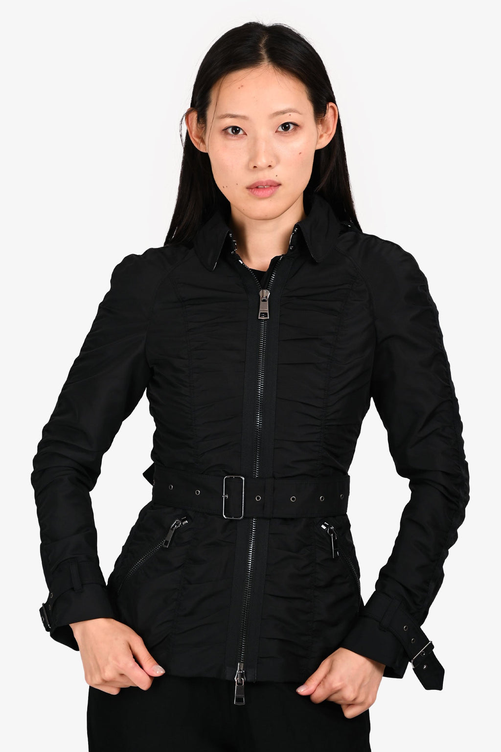 Burberry London Black Ruched Hooded Jacket Size 2 US