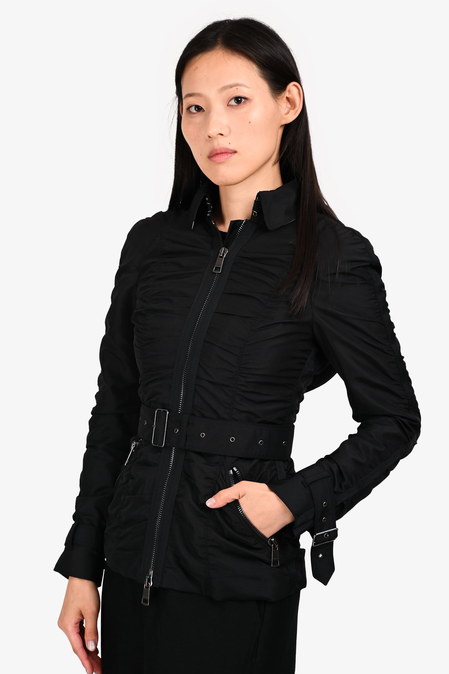 Burberry London Black Ruched Hooded Jacket Size 2 US