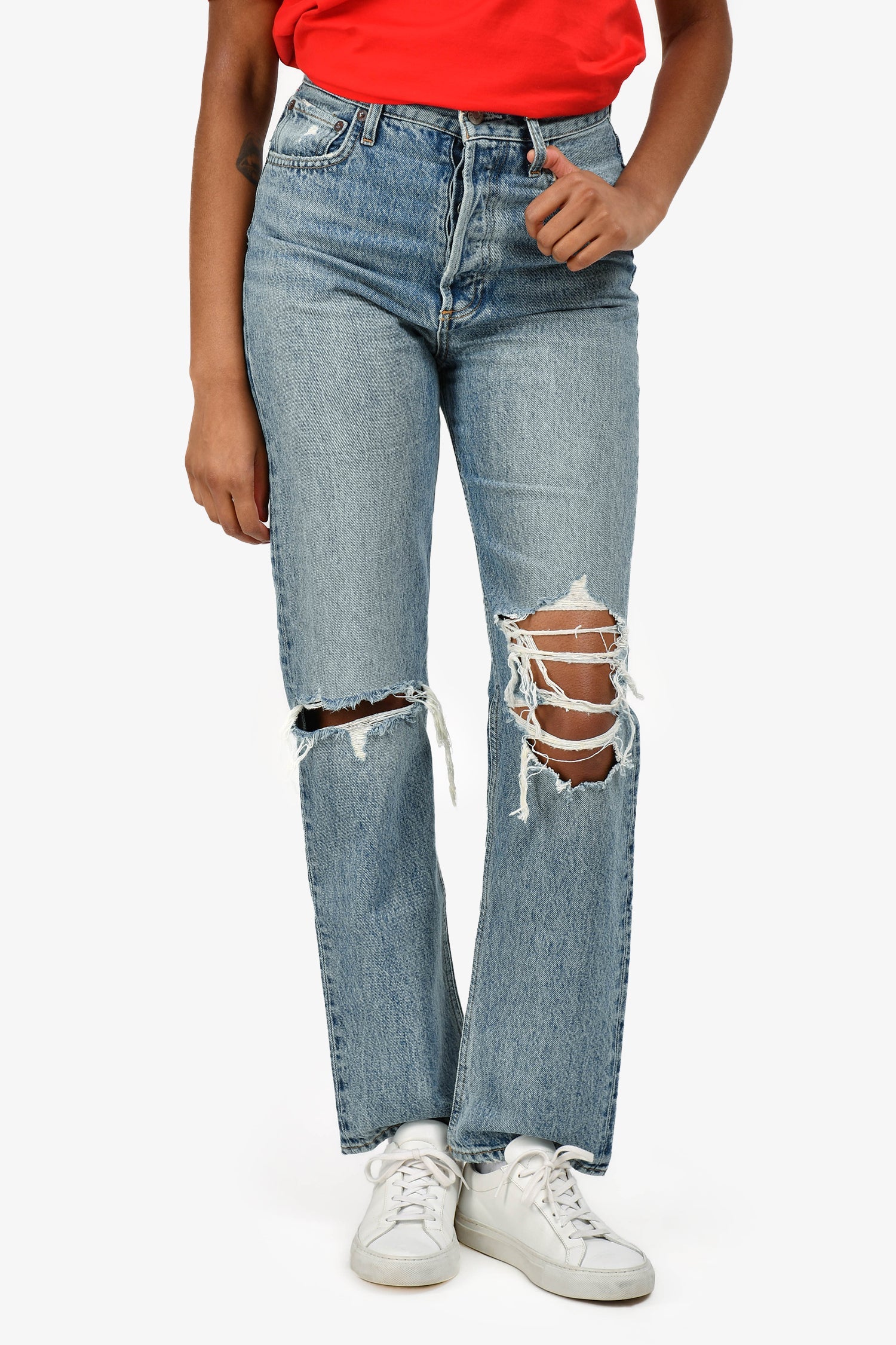 Agolde Blue Denim Distressed Straight Legged Jeans Size 24