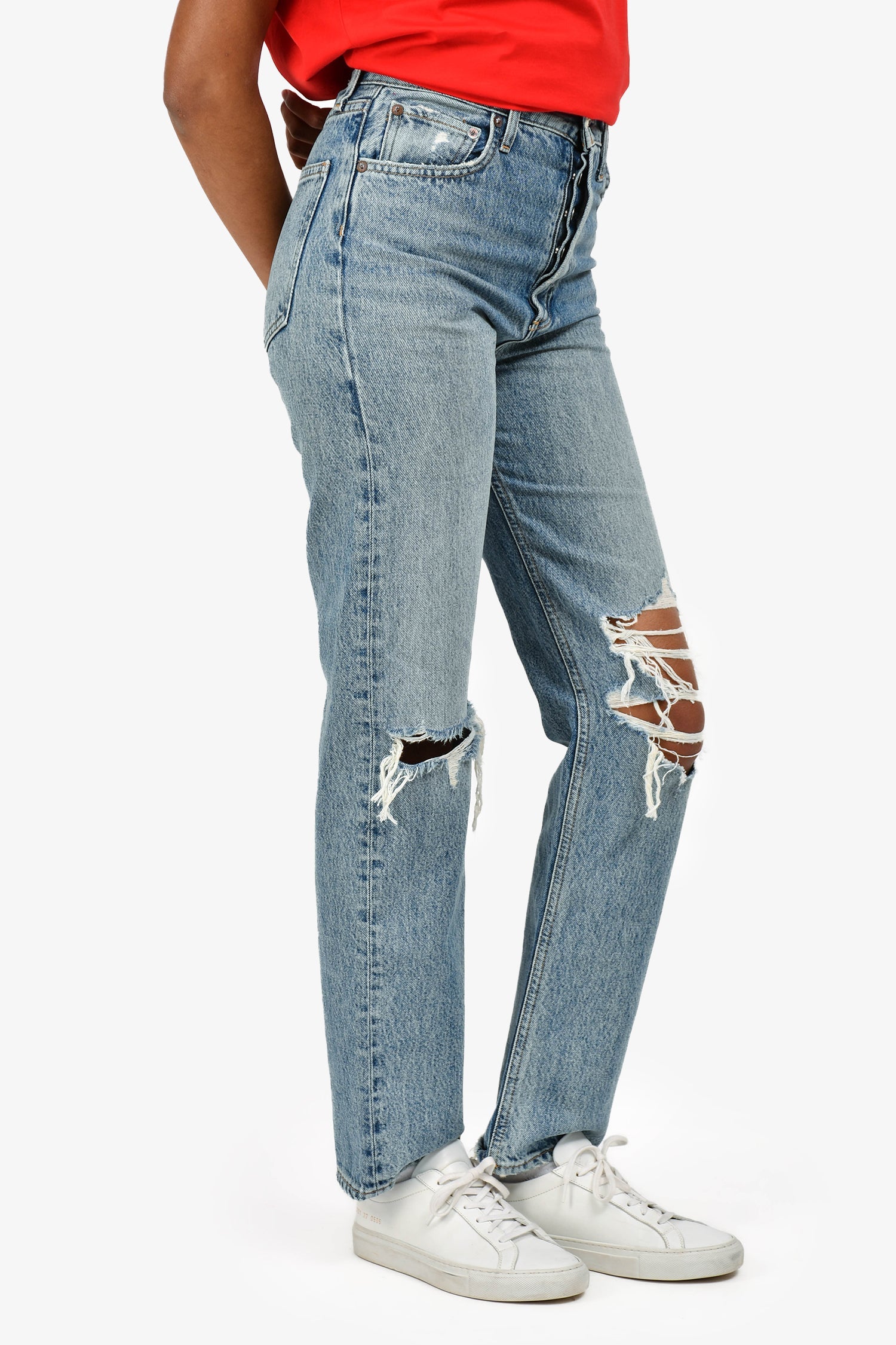 Agolde Blue Denim Distressed Straight Legged Jeans Size 24