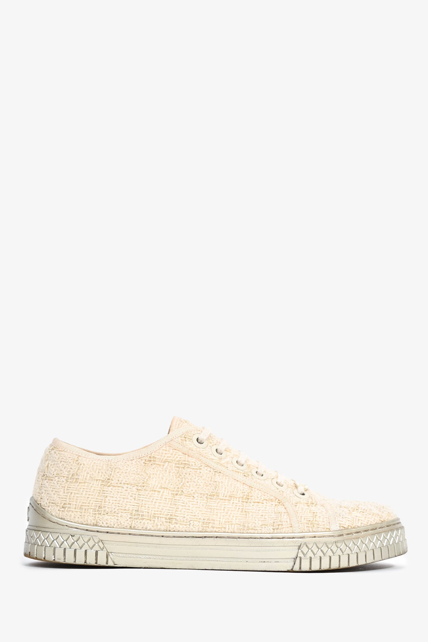 Pre-Loved Chanel™ Cream/Gold Metallic Tweed Lace Up CC Sneakers Size 37.5