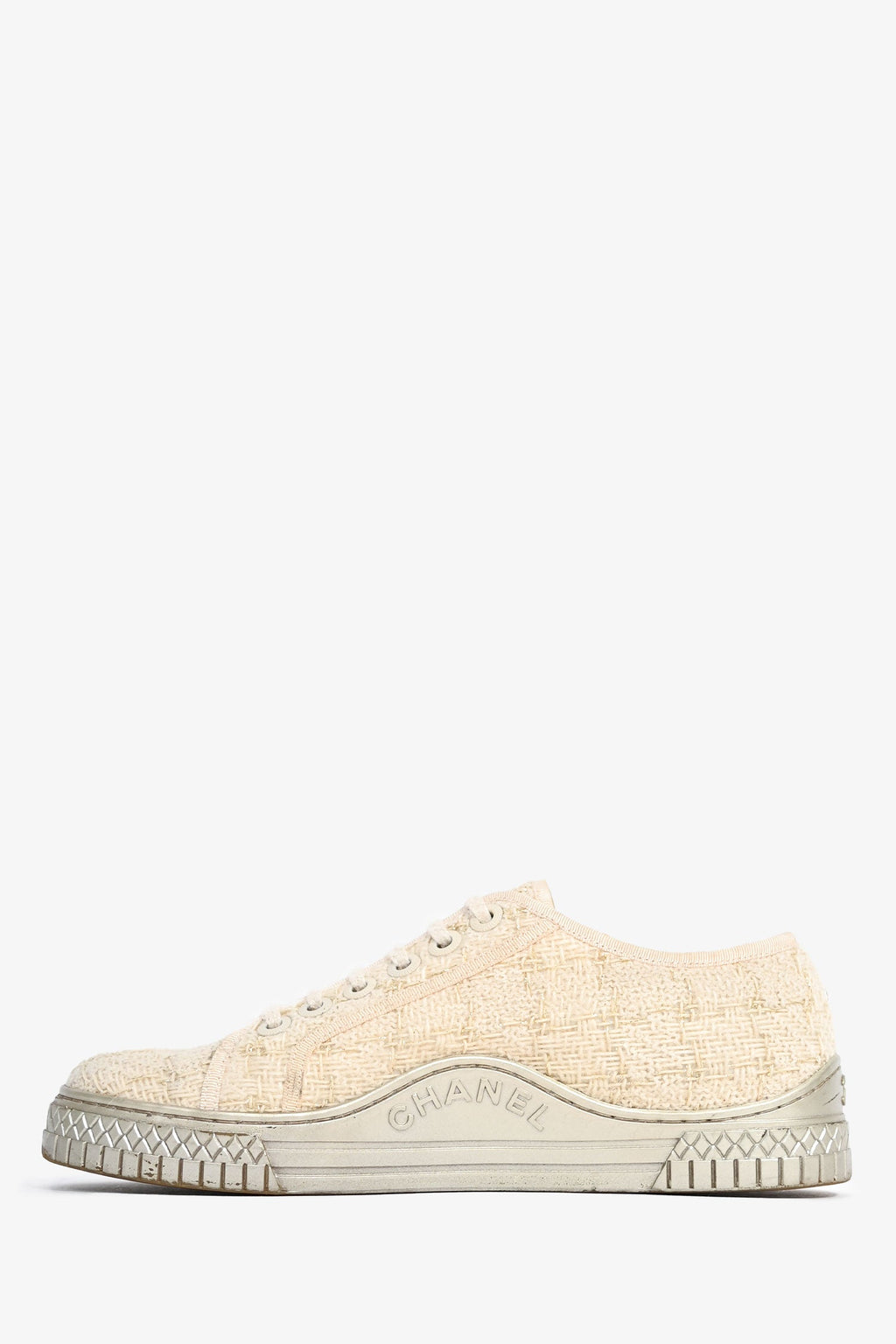 Pre-Loved Chanel™ Cream/Gold Metallic Tweed Lace Up CC Sneakers Size 37.5