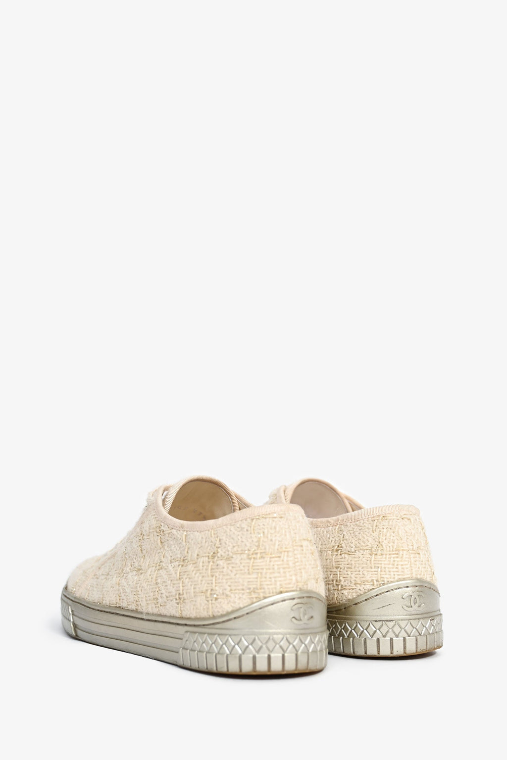 Pre-Loved Chanel™ Cream/Gold Metallic Tweed Lace Up CC Sneakers Size 37.5