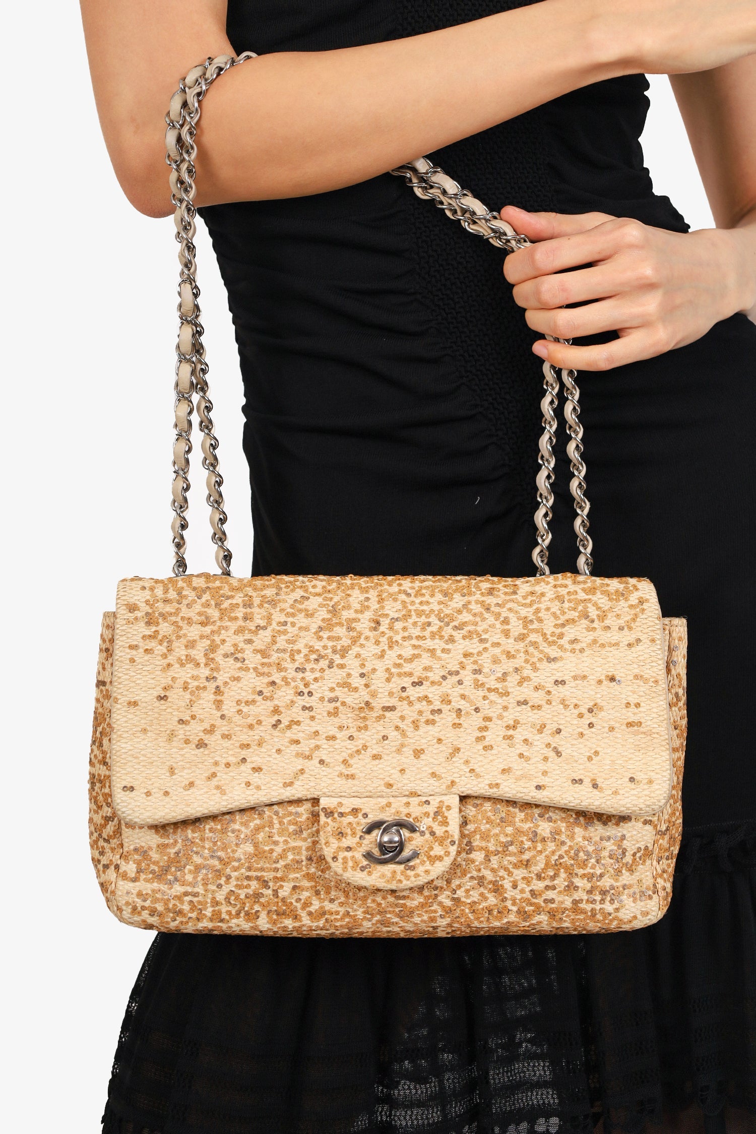 Pre-Loved Chanel™ 2013-14 Beige Raffia Sequin Small Single Flap Bag