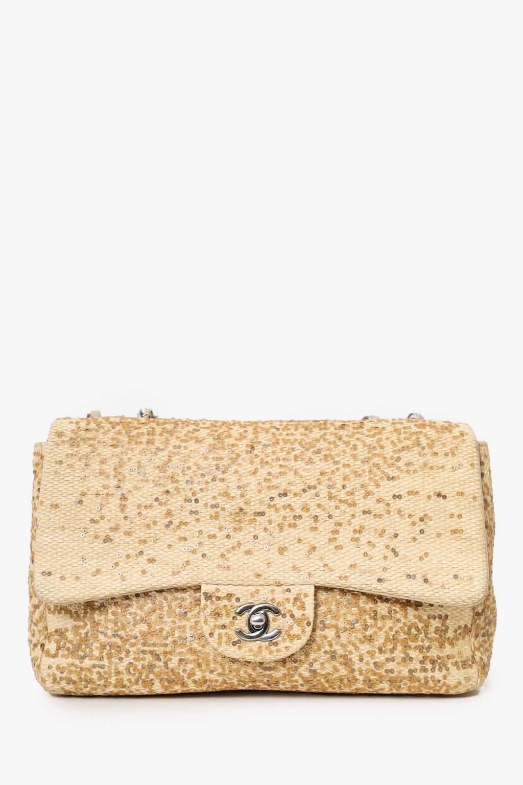 Pre-Loved Chanel™ 2013-14 Beige Raffia Sequin Small Single Flap Bag