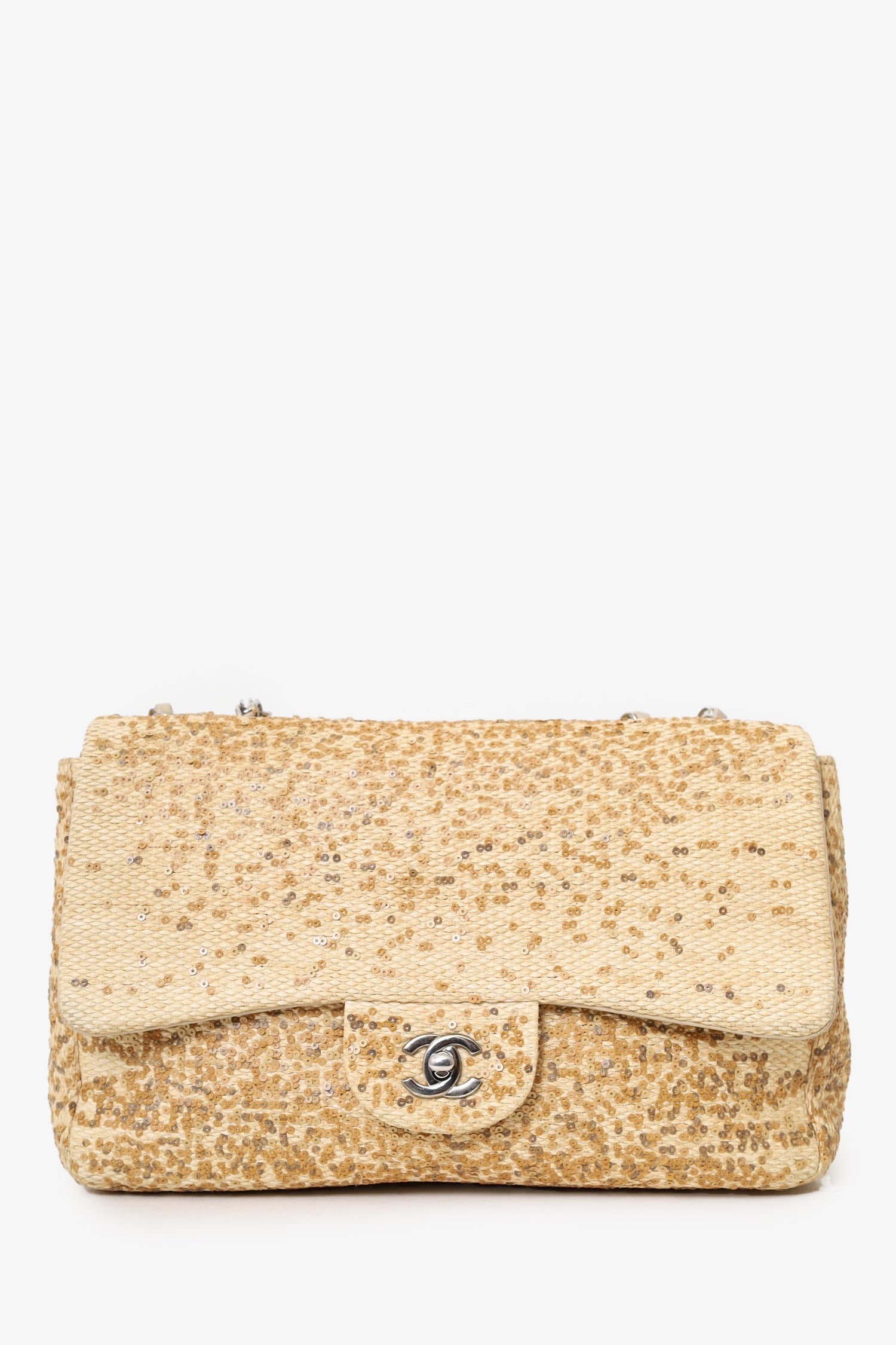 Pre-Loved Chanel™ 2013-14 Beige Raffia Sequin Small Single Flap Bag
