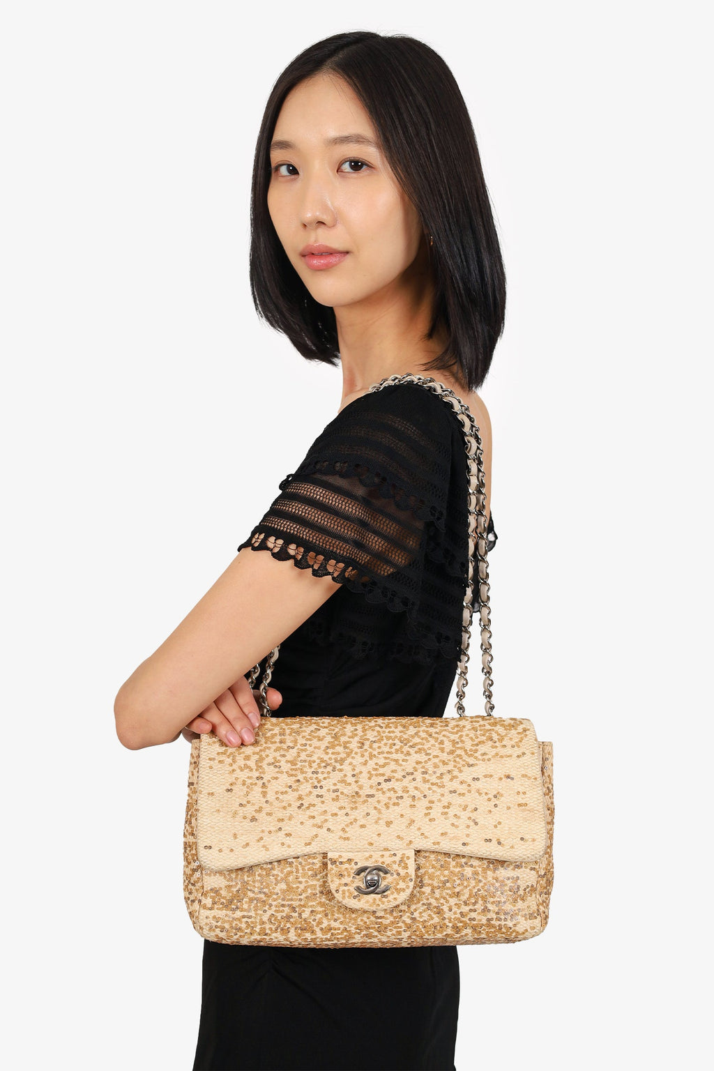 Pre-Loved Chanel™ 2013-14 Beige Raffia Sequin Small Single Flap Bag