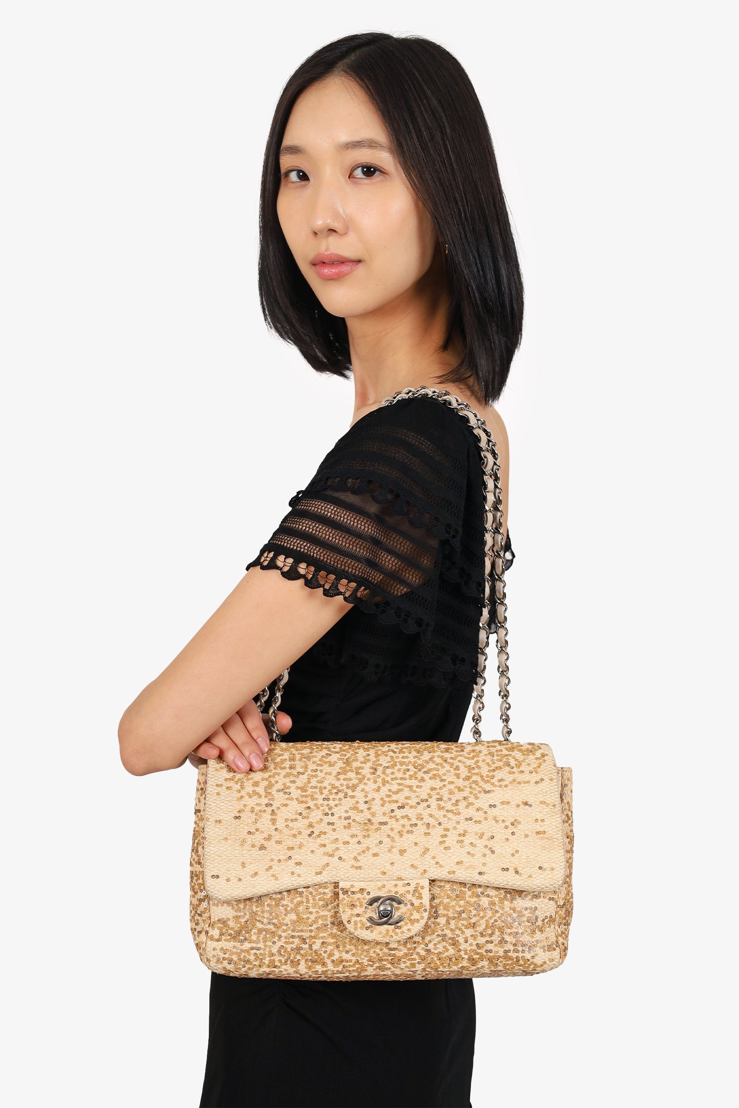 Pre-Loved Chanel™ 2013-14 Beige Raffia Sequin Small Single Flap Bag