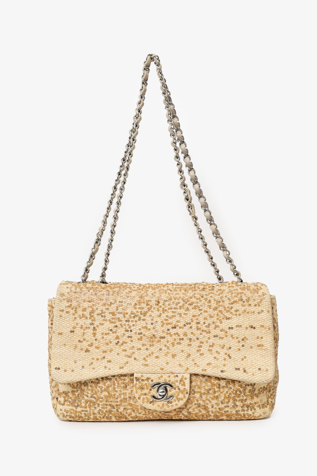Pre-Loved Chanel™ 2013-14 Beige Raffia Sequin Small Single Flap Bag